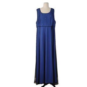 Y2K Papell Boutique Evening Mesh Maxi Dress Sz 24W Blue Black 3D Beaded Rosette‎